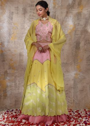 Multicolored Embroidered Layered Style Silk Lehenga Choli