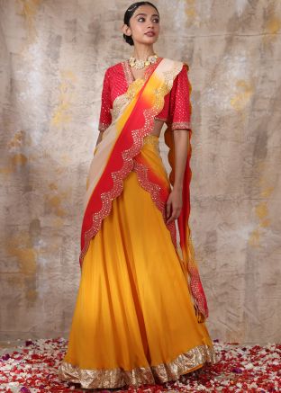 Yellow Embroidered Chiffon Lehenga Choli & Dupatta