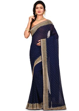 Navy Blue Stone Embellished Heavy Border Saree Online Panash India