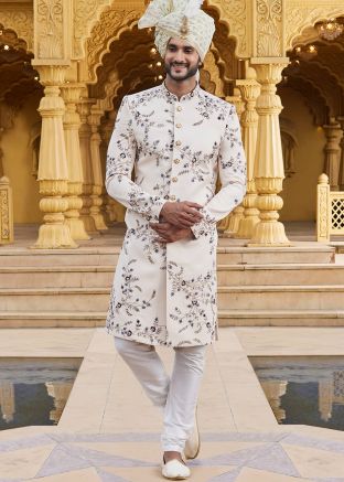 Cream Embroidered Mens Sherwani Set