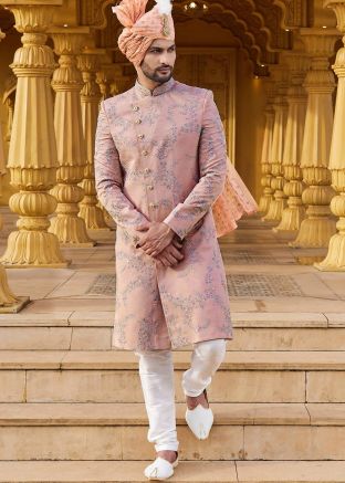 Mauve Embroidered Sherwani Set For Mens