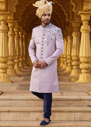 Purple Embroidered Art Silk Sherwani Set