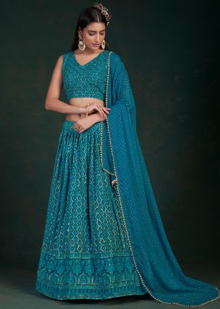 Blue Embroidered Lehenga Choli In Georgette
