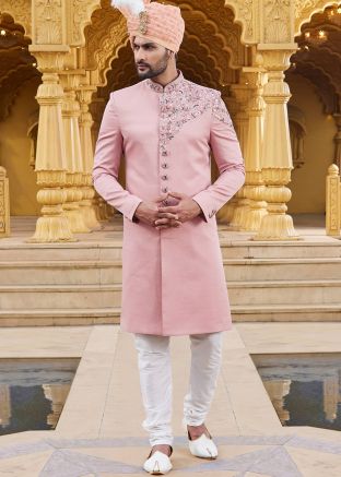 Mens Pink Embroidered Sherwani Set In Art Silk