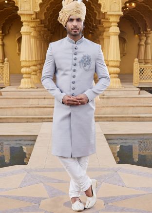 Readymade Mens Grey Embroidered Sherwani Set