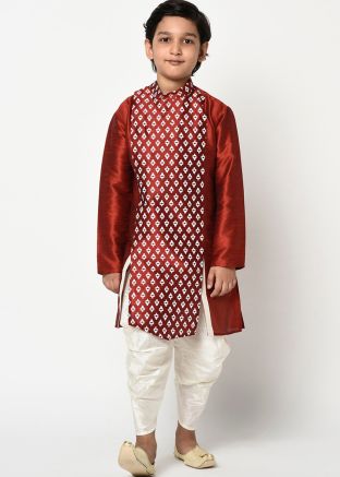 Maroon Readymade Silk Dhoti Kurta For Kids