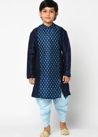 Readymade Silk Dhoti With Blue Printed Kurta