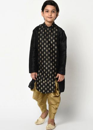 Readymade Kids Silk Dhoti Kurta In Black