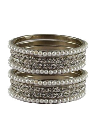 Stone Studded White and Silver Bangle Set