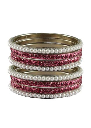 Stone Studded White and Pink Bangle Set