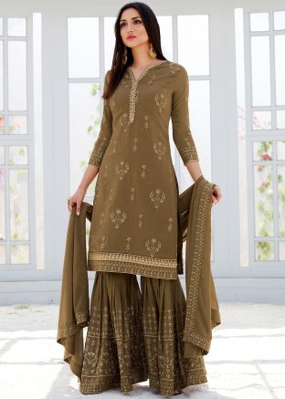 Brown Georgette Embroidered Gharara Suit