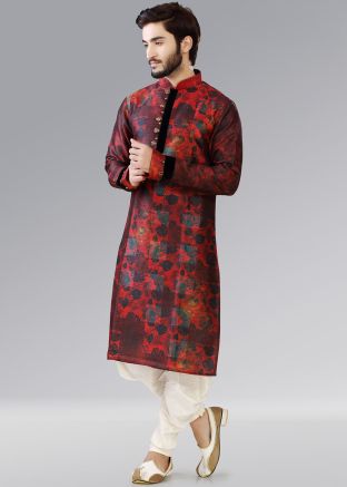 Readymade Red Shaded Printed Kurta Breeches Set