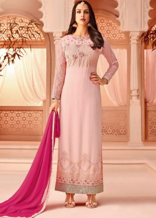 Light Pink Embroidered Straight Cut Salwar Kameez