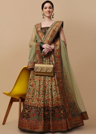 Green Floral Printed Lehenga Choli In Paithani Silk