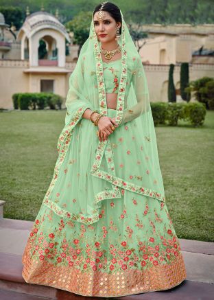 Green Embroidered Net Lehenga Choli
