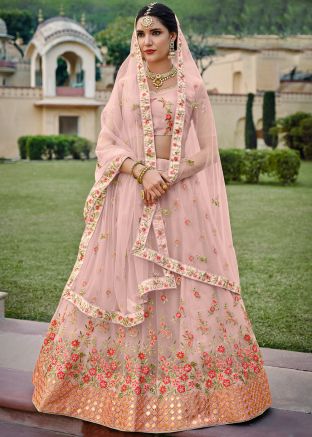 Pink Thread Embroidery Net Lehenga Choli