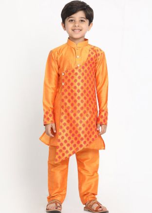 Orange Kids Readymade Kurta Pajama In Silk