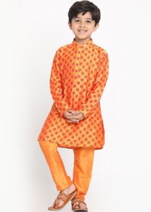 Readymade Printed Orange Kurta Pajama For Kids
