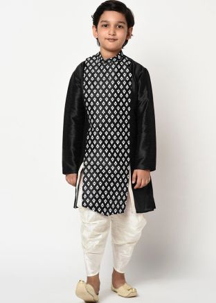 Printed Black Readymade Kids Dhoti Kurta In Silk
