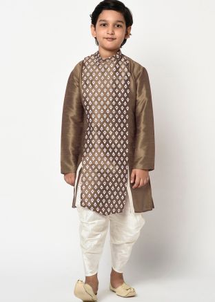 Angrakha Style Brown Readymade Kids Dhoti Kurta 