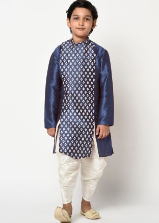 Readymade Printed Silk Dhoti Kurta In Blue