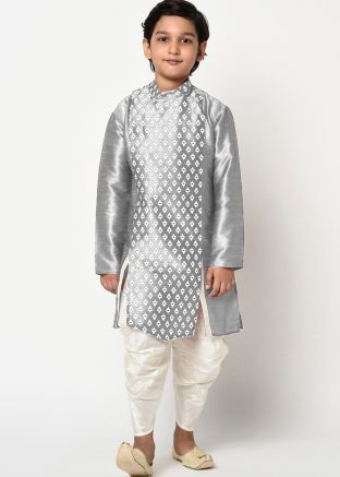 Grey Printed Readymade Dhoti & Kurta In Silk