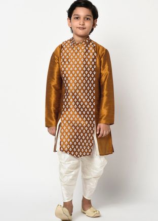 Readymade Silk Printed Dhoti Kurta In Golden