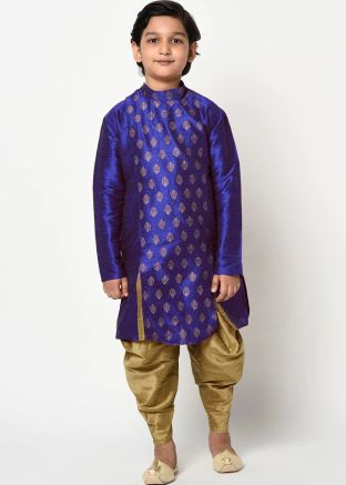 Printed Blue Readymade Dhoti Kurta In Angrakha Style