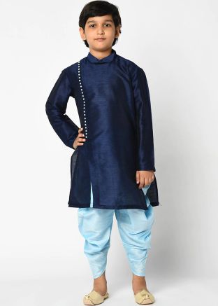 Plain Blue Readymade Dhoti Kurta In Angrakha Style