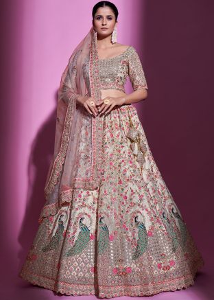 Cream Resham & Sequin Embroidered Net Pastel Lehenga Choli Online USA