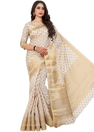 Off White Woven Kanjivaram Saree Online With Blouse