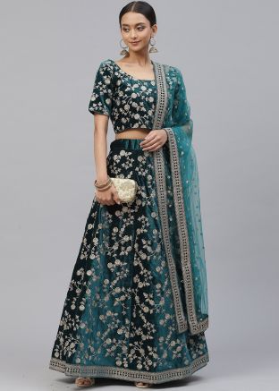 Blue Velvet Embroidered Lehenga Choli