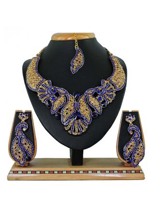 Stone Studded Blue And Golden Designer Necklace Set