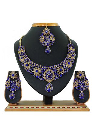 Stone Studded Golden And Blue Necklace Set