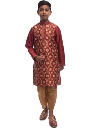 Maroon Woven Readymade Kids Dhoti Kurta Set