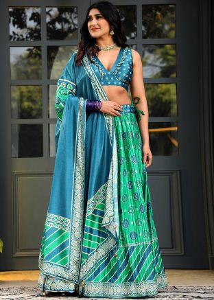 Green Digital Print Satin Lehenga Choli