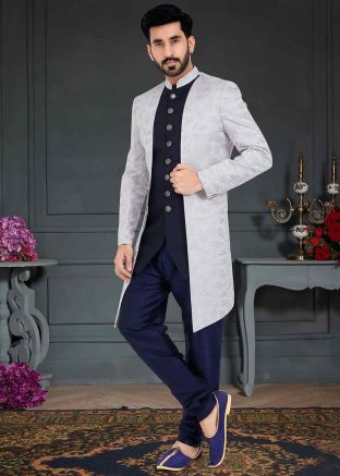 Blue Woven Indo Western Sherwani In Dupion Silk