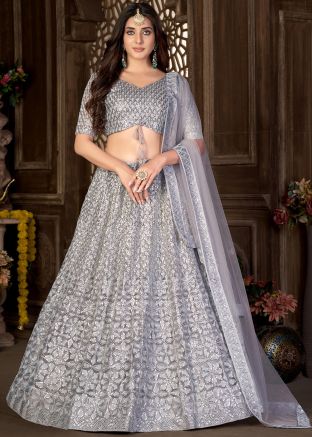 Grey Sequinned Net Lehenga Choli & Dupatta