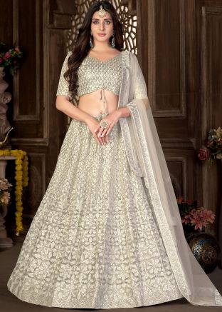 Off White Embroidered lehenga Choli In Net