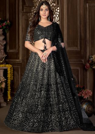 Black Sequins Embellished Lehenga Choli In Net
