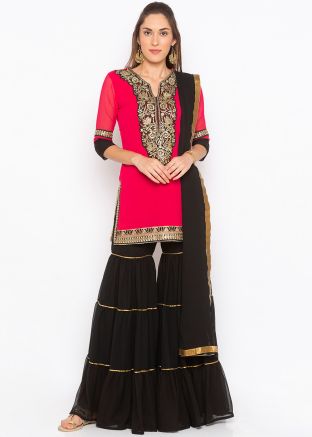 Readymade Red Embroidered Georgette Gharara Suit