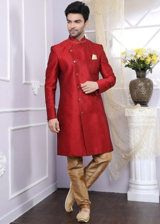 Readymade Red Art Silk Indo Western Sherwani 