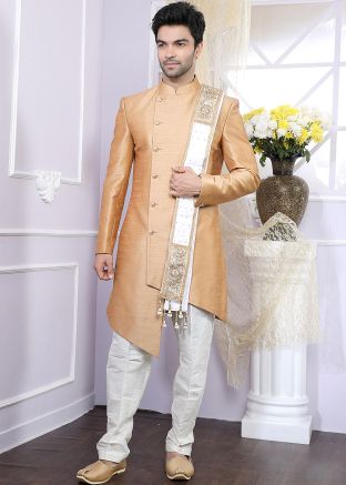 Beige Asymmetric Readymade Indo Western Sherwani Set