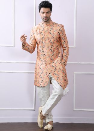 Buy Peach Printed Asymmetric Indo Western Wedding Sherwani for Men Online