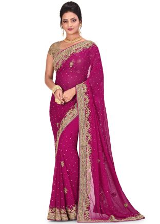 Magenta Stone Embellished Heavy Border Saree