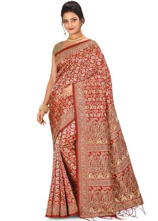 Red Silk Woven Kanchipuram Saree Online With Blouse