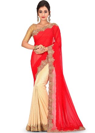 Red and Cream Heavy Border Half and Half Saree with Blouse