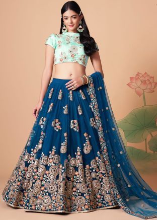 Blue Net Embroidered Lehenga Choli With Dupatta