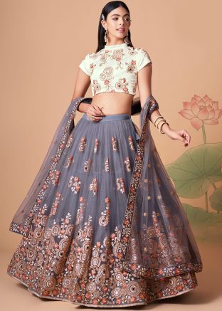 Grey Embroidered Net Lehenga Choli & Dupatta