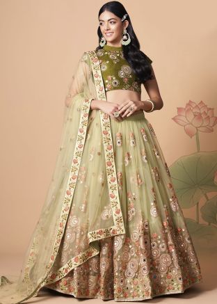 Green Thread & Mirror Embroidered Lehenga Choli